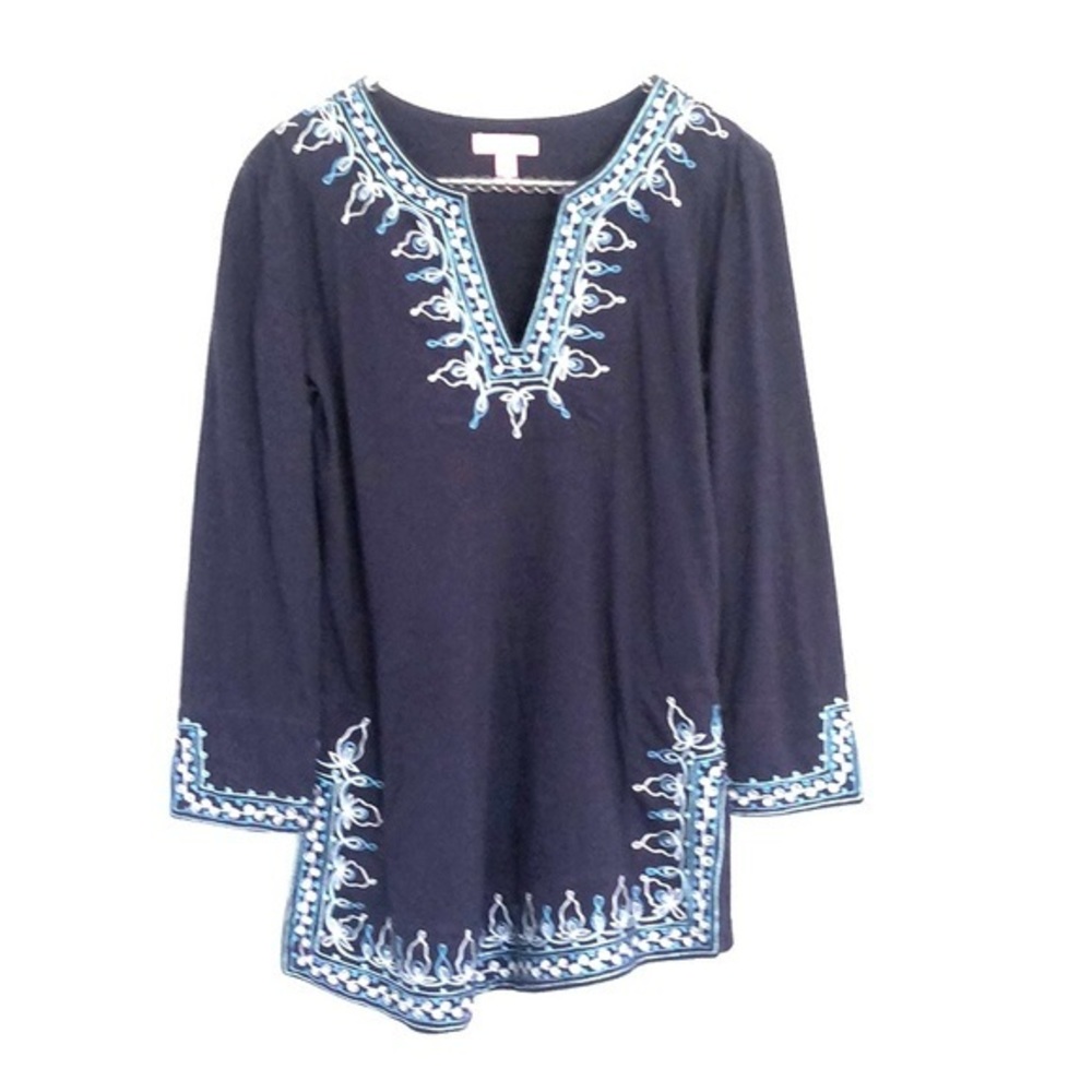 Lilly Pulitzer Embroidered Blue White Tunic Pullover blouse